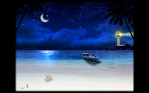 песок, пляж, волны, ночь, небо, звезды, лодка, маяк, природа, пейзаж, море, луна
