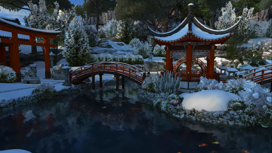 японский сад, япония, сад, снег, зима, пруд, гора фудзи