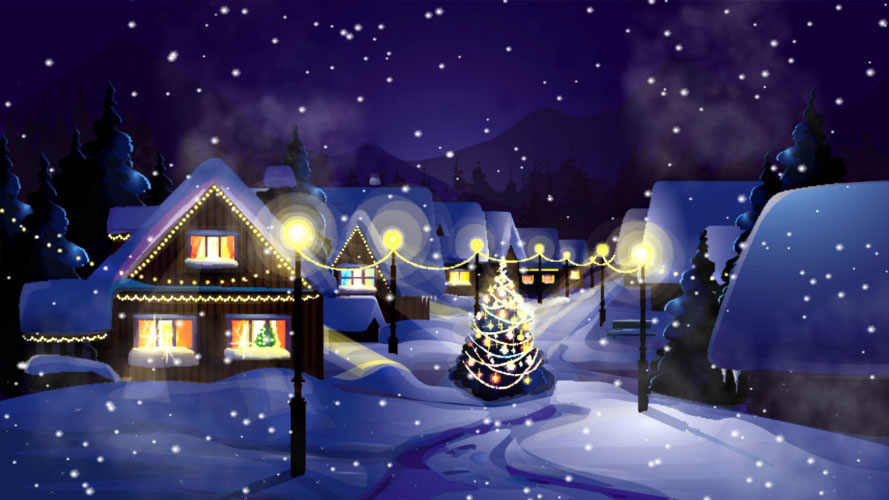 рождество, новый год, елка, деревня, снег, зима, пейзаж, вечер