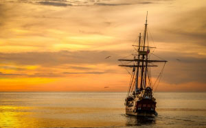 sunset, sailboat, sea, ship, ocean, old ship