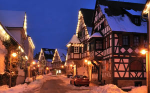 new year, christmas, illumination, town, village, evening, ornaments, snow, street