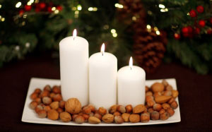 новый год, рождество, свечи, орехи, композиция, ёлка
