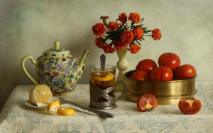 лимон, натюрморт, натюрморт с фруктами, октябрь, осень, фотонатюрморт, фрукты, хурма, цветы