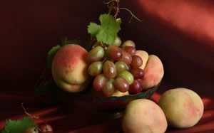grapes, summer, still life, peaches, dishes, fruit