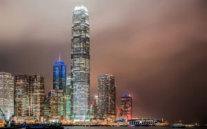 архитектура, города, город, Гонконг, небоскребы, ночь, тайфун