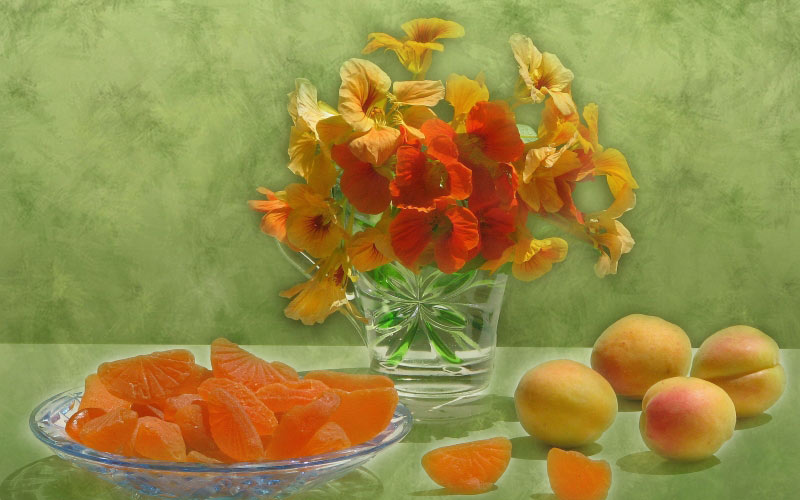 apricots, spring, May, marmalade, nasturtiums, still life, fruits, flowers, candied