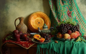 grapes, still life, peaches, plums, dishes, Uzbek, fruit, 