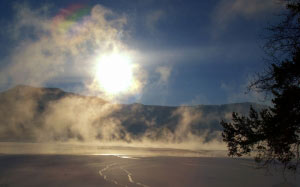 canim lake, winter, early morning, sun, fog, scenery, landscape, nature, british columbia, canada