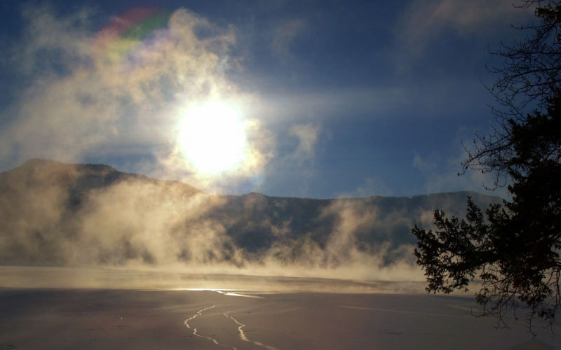 canim lake, winter, early morning, sun, fog, scenery, landscape, nature, british columbia, canada