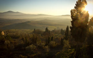 landscape, mountains, nature, sunset, sunny, forest, trees, sunrise, italy, evening, view, glare, tuscany