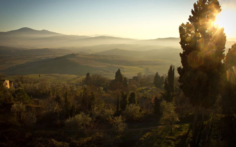 landscape, mountains, nature, sunset, sunny, forest, trees, sunrise, italy, evening, view, glare, tuscany