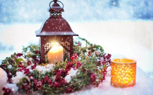 Новый год, Рождество, праздники, композиция, венок, свеча, снег, фонарь