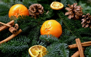 Новый год, Рождество, мандарины, хвоя, украшение, композиция, праздник
