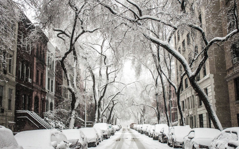 city, winter, street, covered with snow, snow, cars, nature, season, houses, buildings