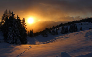 mountains, wintry, landscape, snowy, nature, forest, sunrise, winter, sun