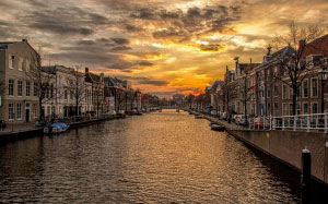 водный канал, голландия, дома, город, пейзаж, вода, река, вечер