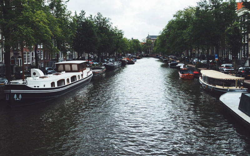 канал, амстердам, река, город, лодки