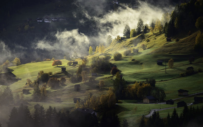 nature, landscape, autumn, fog, village