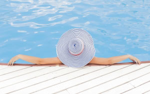 swimming pool, relaxation, spa, luxury, hat, tropical, woman, vacation, resort, holiday, water, blue, summer, paradise