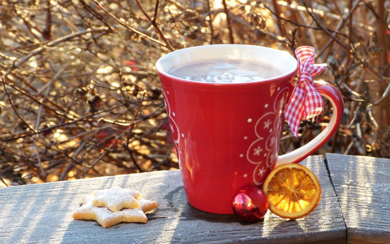 cup, hot chocolate, coffee, drink, cookie, hoarfrost, christmas, advent, winter, december