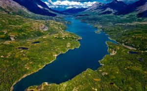 alaska, river, water, aerial view, mountains, landscape, sky, clouds, valley, nature, outdoors, wilderness, forest
