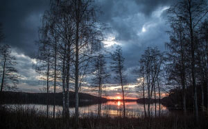 lake, finland, spring, evening, landscape, forest, water, nature, wood, dark, clouds, outdoors, rural