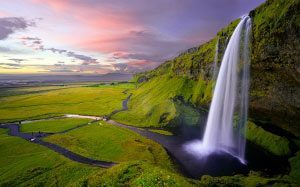 исландия, водопад, природа, пейзаж, скала, горы, долина, закат, небо, захватывающий вид