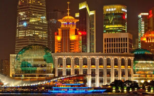 shanghai, skyline, architecture, skyscrapers, city, lights, night, evening