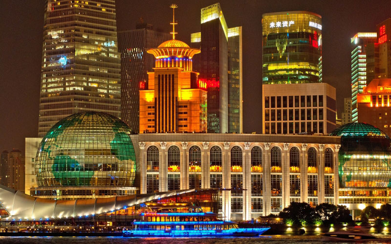 shanghai, skyline, architecture, skyscrapers, city, lights, night, evening