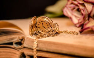 clock, pocket watch, time, clock face, golden, chain, old books, open books, dried rose, past