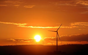 sunrise, sun, pinwheel, sky, morning, horizon, orange, nature, wind energy, wind power, renewable energy, wind turbine