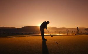 гольф, игра, человек, закат, силуэт, спорт