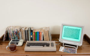 old computer, retro computer, desk, room, books, commodore 64, datasette tape drive, commodore dm602 display, monitor80, easy script word processor