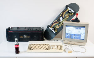 old computer, retro computer, desk, room, tape recorder, skateboard, commodore amiga 1200, commodore 1802 display, amiga mouse, competition pro joystick, hitachi, super wo
