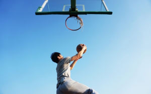 basketball, dunk, blue, game, basket, player, jump, ball, sports, sky