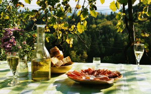 picnic, nature, drink, grapes, wine, meat, roll, bread, food