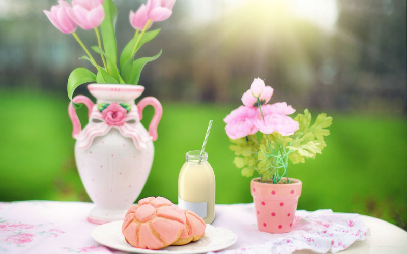 snack, pastry, milk, flowers, pink, spring, outdoor, food, dessert, sweet, delicious, breakfast, colorful, picnic, summer, nature, table