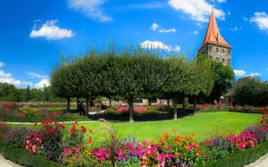nature, garden, flowers, park, bloom, summer, tower, castle, nuremberg, burggarten, trees, flower bed, plants, sky, blue