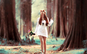 beautiful, blur, bouquet, female, flowers, forest, girl, model, outdoors, redhead, trees, walking, woman, woods, young
