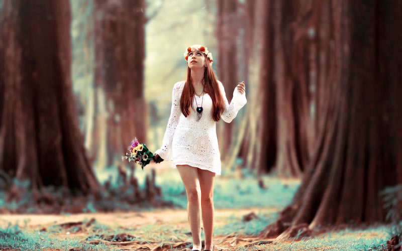 beautiful, blur, bouquet, female, flowers, forest, girl, model, outdoors, redhead, trees, walking, woman, woods, young