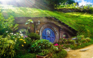 fairy tale, house, home, hole, quirky, fable, tolkien, lotr, lord of the rings, movie, hobbit, hobbiton, new zealand, shrubs, flowers, green