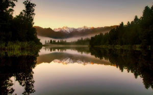 dark, new zealand, landscape, sunrise, fog, morning, forest, trees, woods, nature, outdoors, lake, water, reflections, mountains