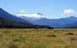 mountains, southern alps, new zealand, mccullaugh, south island, landscape, view, valley, meadow, grass, nature