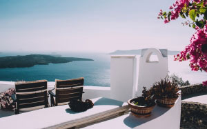 view, mountain, sea, ocean, water, resort, chairs, flowers, pot, sunny, summer, vacation, sky, coast
