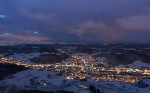 mountains, night, homes, snow, urban sprawl, winter, illuminated, wintry, sissach, village, lanterns, street lighting, landscape