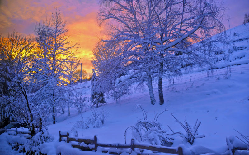 восход солнца, закат, снег, горы, природа, зима, мороз, пейзаж, холодный, снежный, деревья, холм, вал, синий, голубой