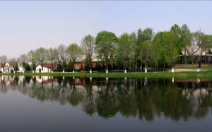 pond, village, rossoszyca, poland, rural, country