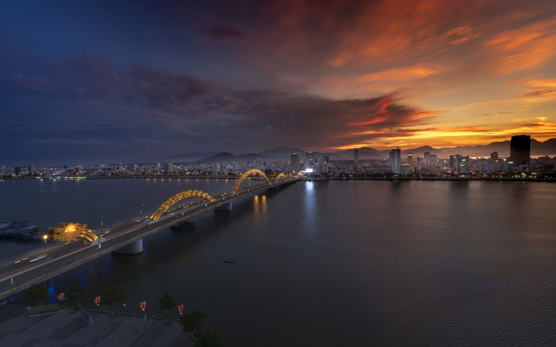 city, bridge, dragon, travel, vietnam, south river, danang, modern, sky, light, water, architecture, sea, reflection, night, asia, industrial, evening