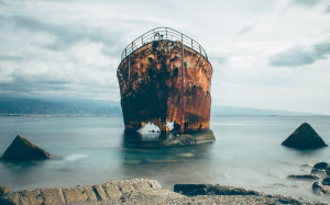 rusty, ship, sea, transport, boat, ocean, old, rocks, water, beach, coast