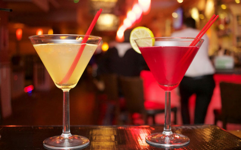 alcohol, bar, club, cocktails, red, restaurant, yellow, lights, lemon